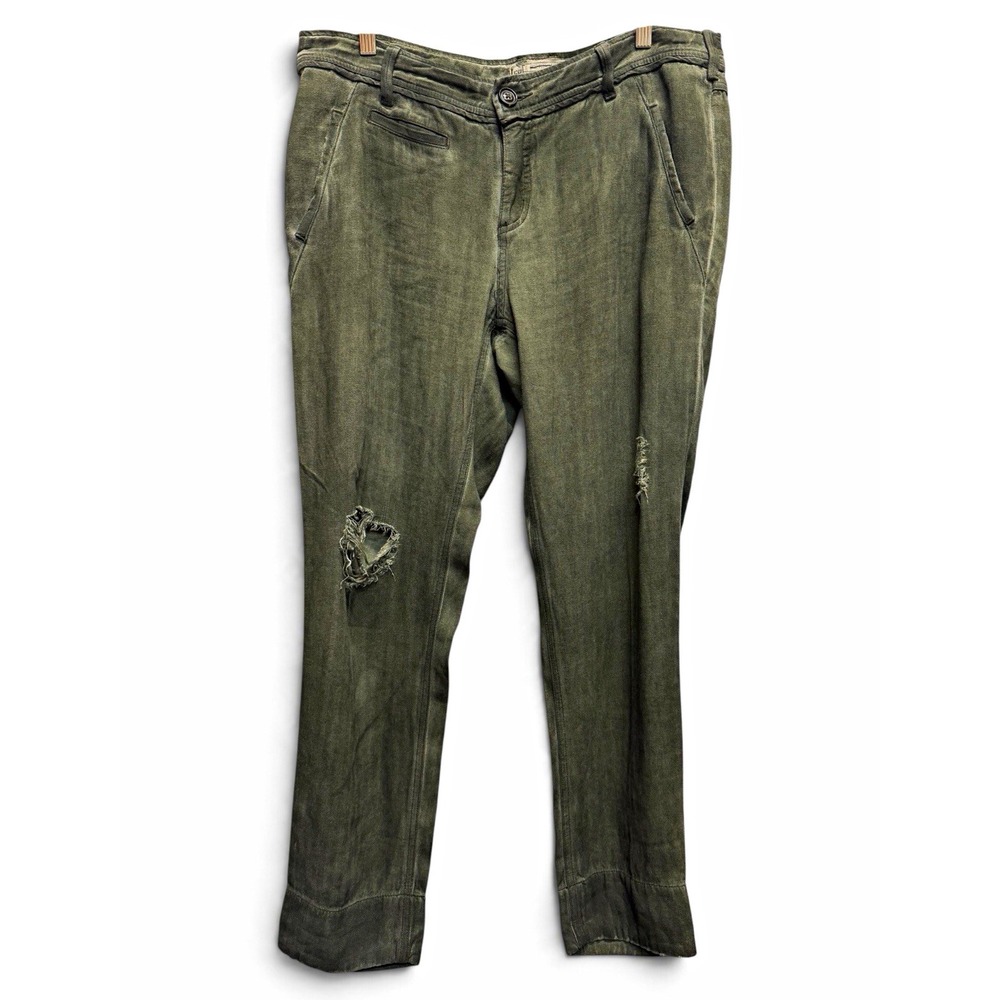 Free People Womens Size 10 Olive Green Distressed Herringbone Pants Boho Linen